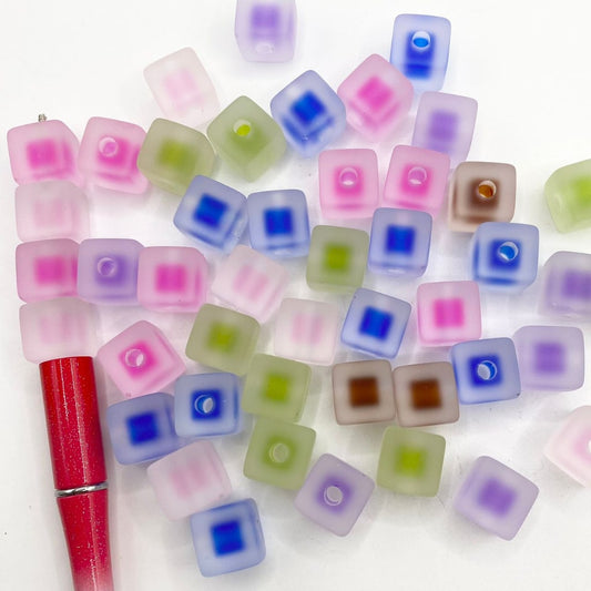 Frosted Double Layer Cube & Square Acrylic Beads ,12mm,Random Mix,CM