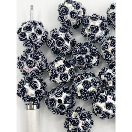 Fancy Clay Beads with Black Rose Flower & AB Rhinestone ,20mm,ZY