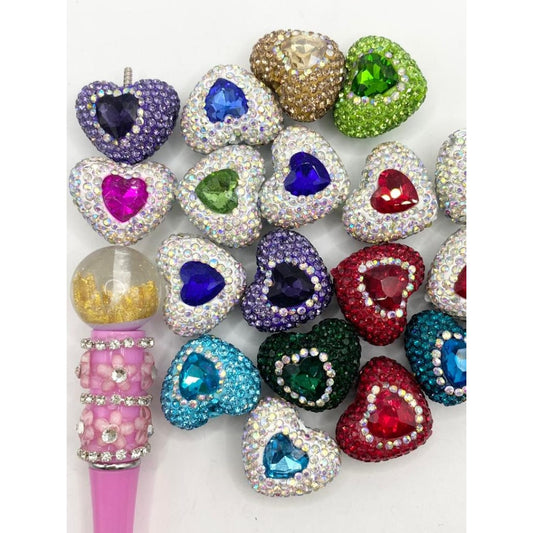 Heart Shaped Clay Rhinestone Beads With Big Crystal in the Middle ,20mm by 24mm,Random Mix