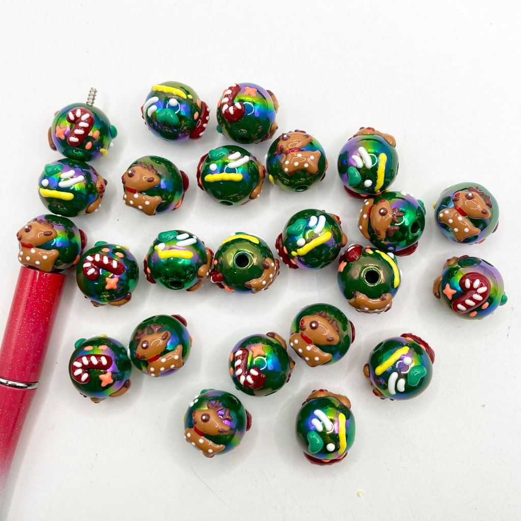 Christmas Hand Painted Beads With Christmas Deer & Candy ,16mm,WJ