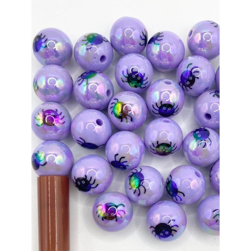 Halloween Spider Printed Purple Acrylic Beads With UV Finish ,16mm,Random Mix