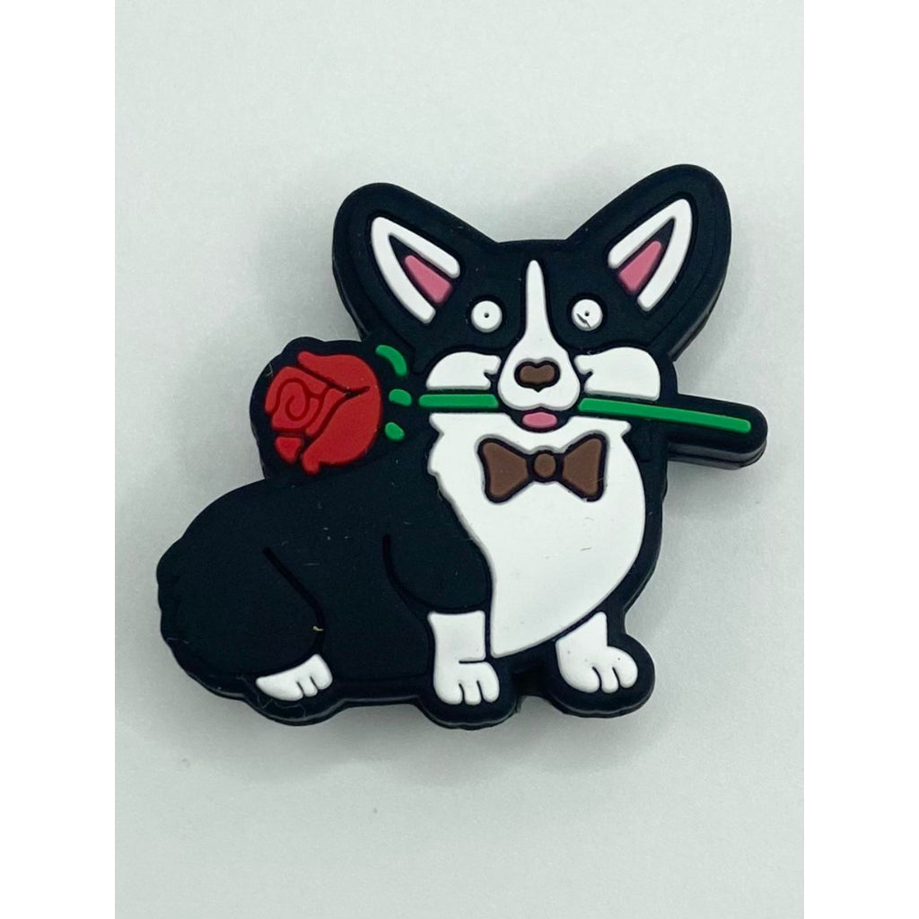 Black Corgi Dog With Rose Silicone Focal Beads