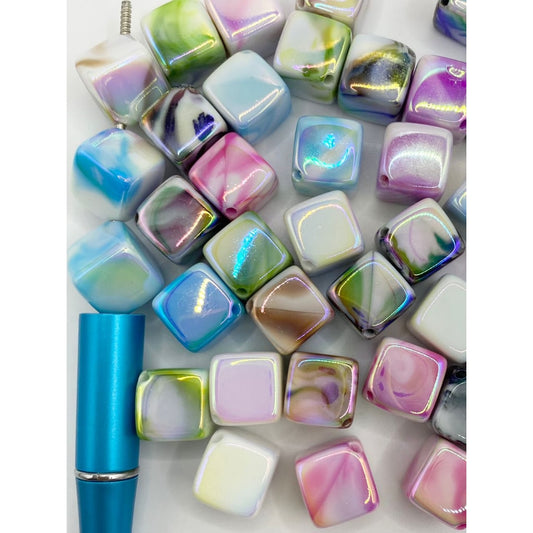 Cube & Square Acrylic Beads with Marble Pattern in Various Colors, 13mm by 18mm ,Random Mix, AZ