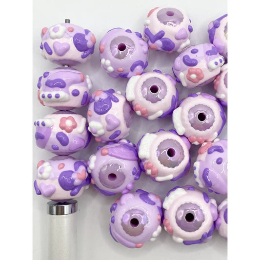 Purple Acrylic Beads With Hand Painted Hearts ,Flowers and Hats ,CT