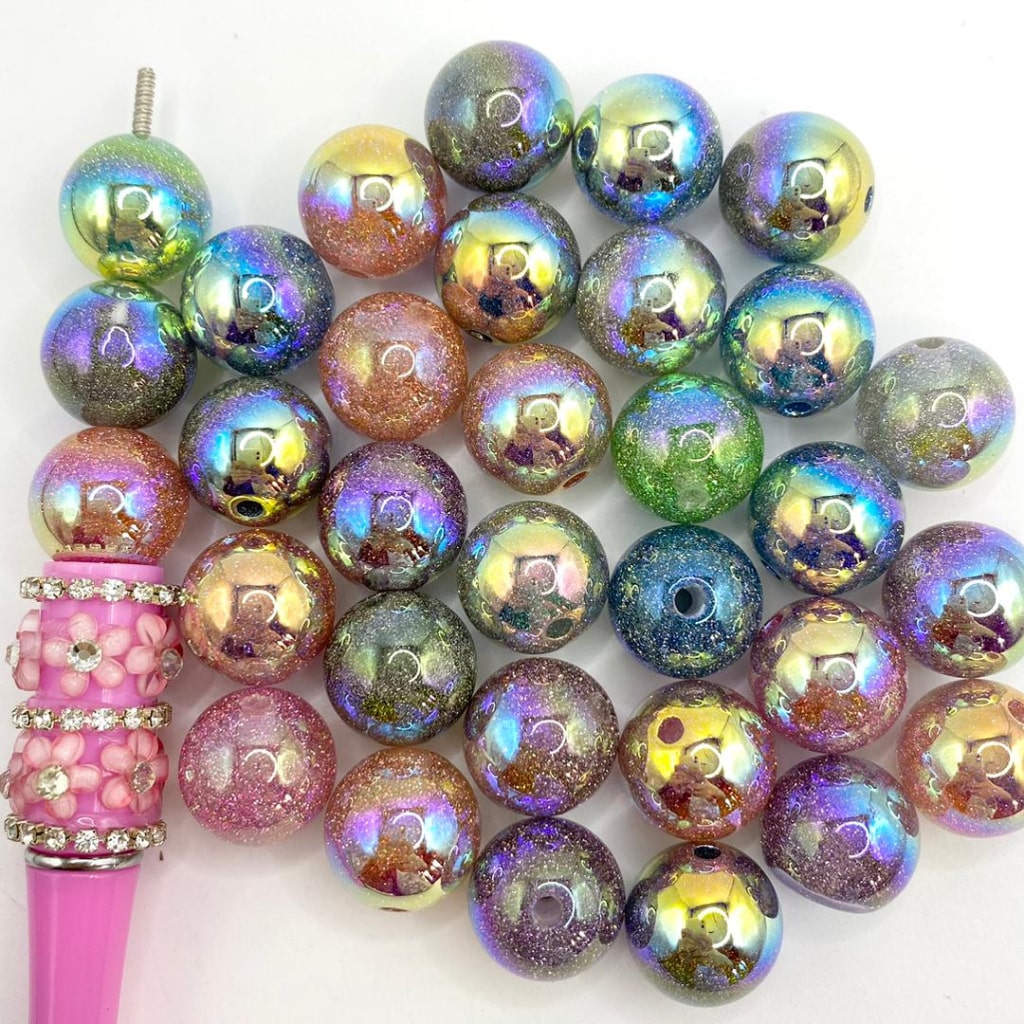 Double Glitter Glossy Acrylic Beads With UV Finish ,16mm,Random Mix,YH