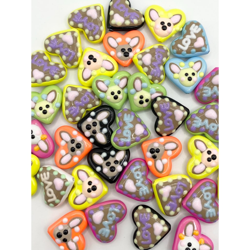 Bunny Hand Painted Heart Shaped Acrylic Beads With Small Hole ,Random Mix