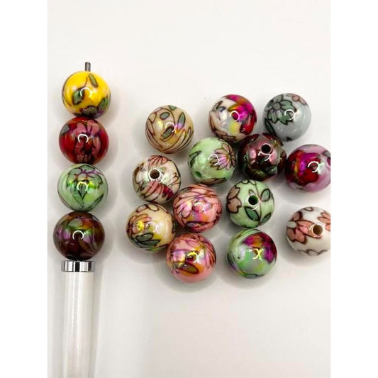 Flower & Leaf Painted Multicolor Printed Glossy Acrylic Beads,16mm, Random Mix,DK