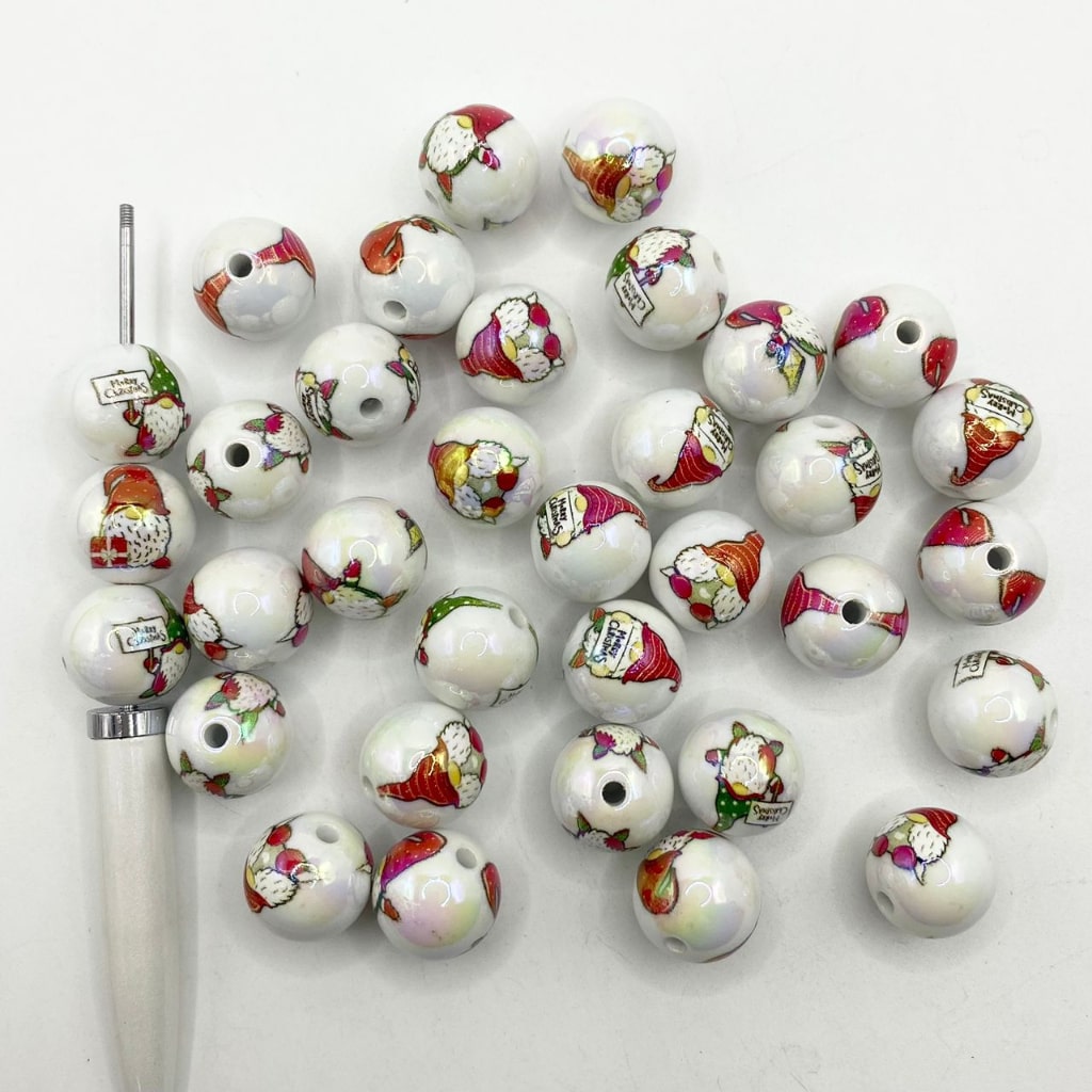 Glossy Christmas Gnome Prined Acrylic Beads with UV Finish ,16mm,SJ