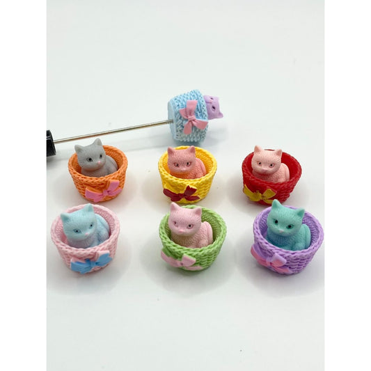 Cute Cat & Kittens in  Baskets Acrylic Beads Pen Toppers ,Random Mix,PTG