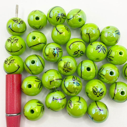 Green Grinch Face Glossy Acrylic Beads With UV Finish ,16mm,Random Mix,SJ