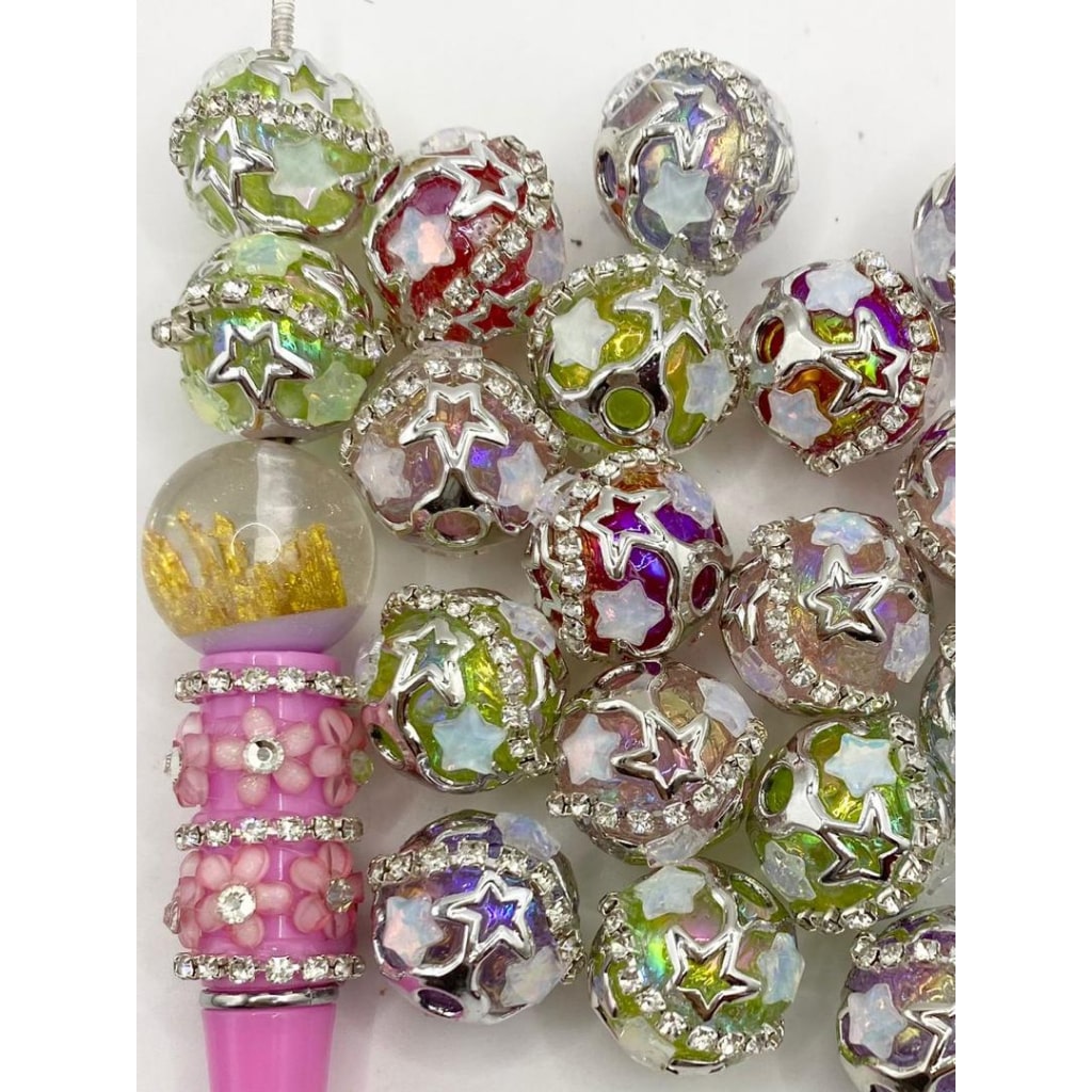 Fancy See-Thru Acrylic beads With Star Shaped Cage Around & Crystal Chain ,16mm,Random Mix