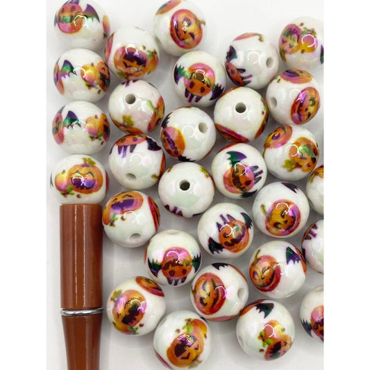 Halloween Pumking Printed White Acrylic Beads With UV Finish ,16mm,Random Mix,WQ