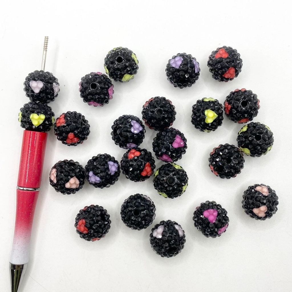 Black Jelly Acrylic Rhinestone Beads With Multicolor Heart ,15mm