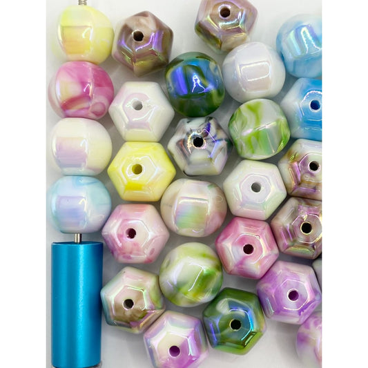 Polygon Acrylic Beads with Marble Pattern in Various Colors, 13mm by 16mm ,Random Mix, AZ