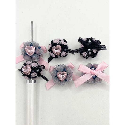 Fancy Rose Flower Clay Beads With Bowknot & Heart Crystal ,20mm,Black & Grey ,ZY