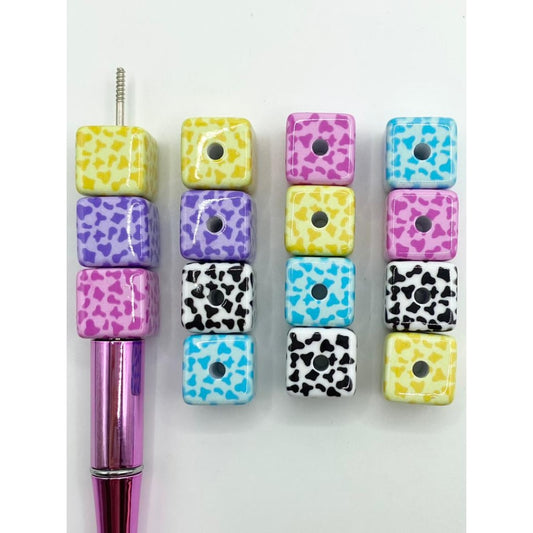 Glossy Acrylic Cube Beads with Colorful Leopard Print,Random Mix,SB