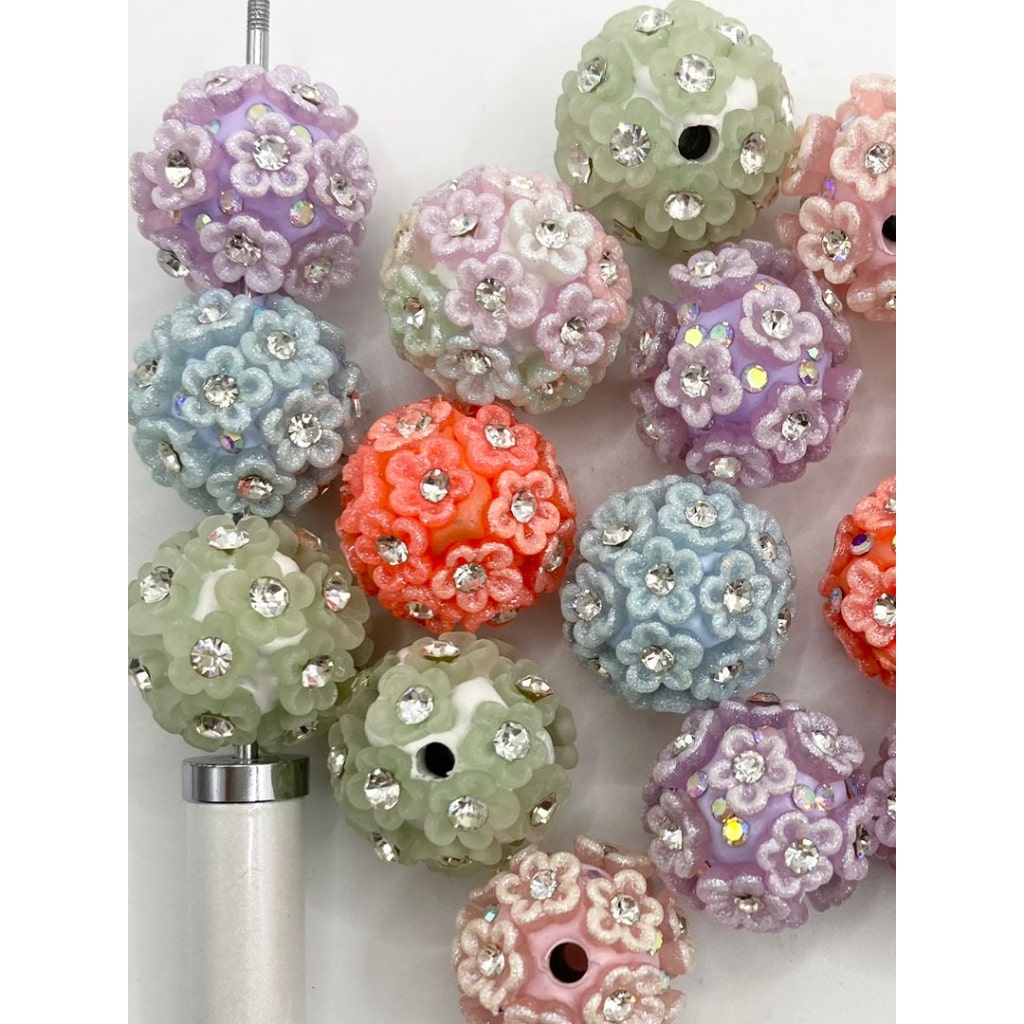 Fancy Clay Beads With Glitter Flower Attaching Big Crystal & AB Rhinestone In the Flash,20mm,Random Mix,ZY