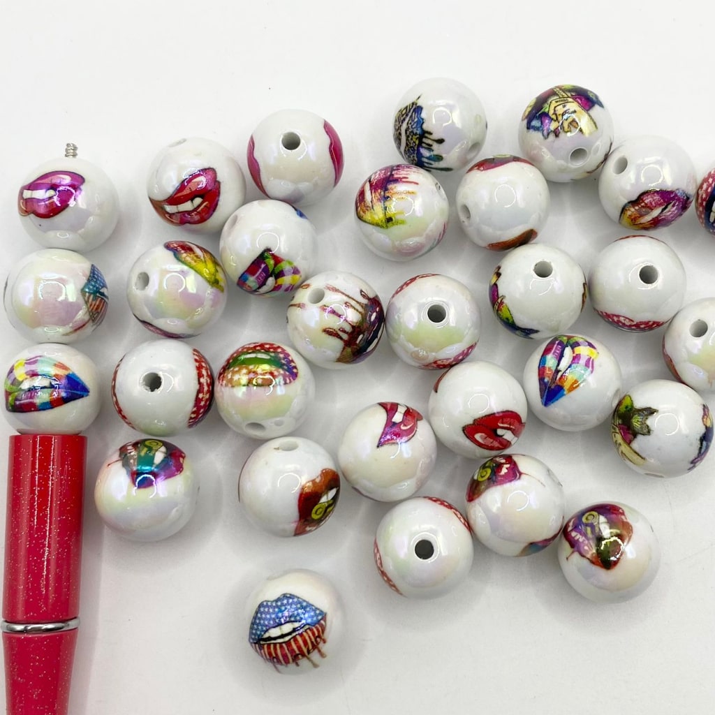 Glossy Lips Printed Acrylic Beads na May UV Finish,16mm,Random Mix,SJ