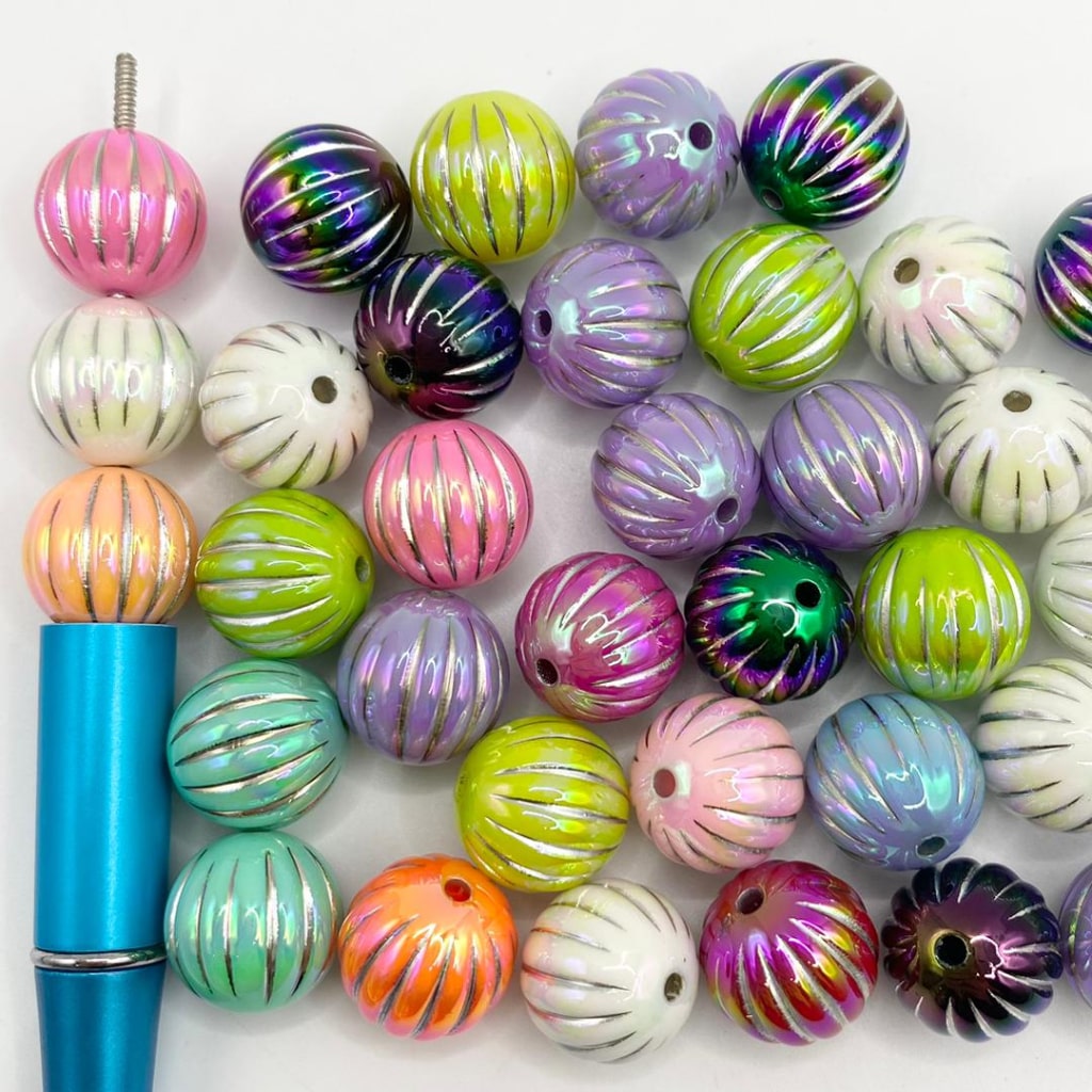 Pumking Shaped Acrylic Beads in Silver Striped With UV Finish ,16mm,Random Mix