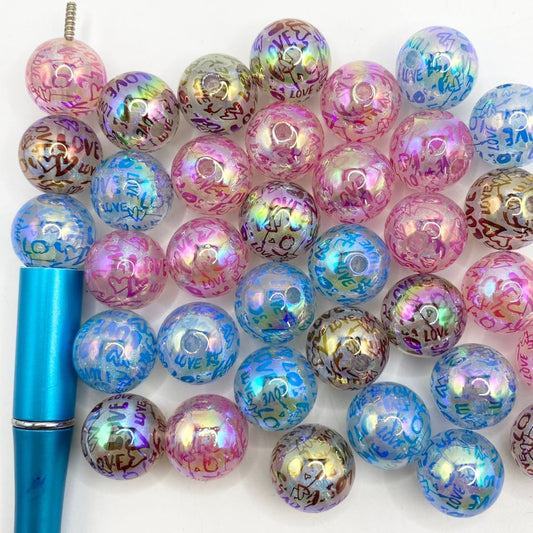 Luminious LOVE Pattern Printed Acrylic Beads With Glitter & UV Finish,16mm,Random Mix,YH