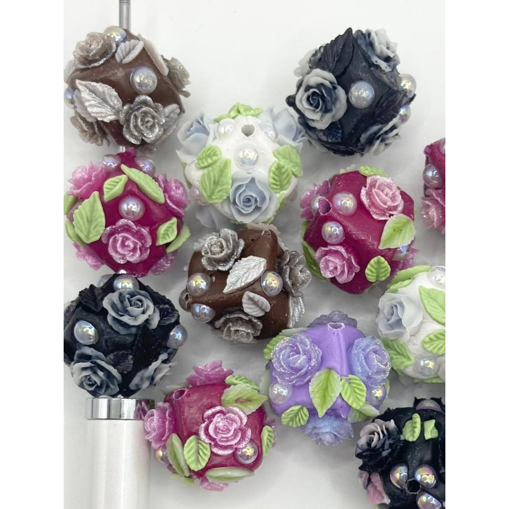 Fancy Clay Cube & Square Beads with Rose Flower & Leaves & Pearl,20mm,Random Mix,ZY