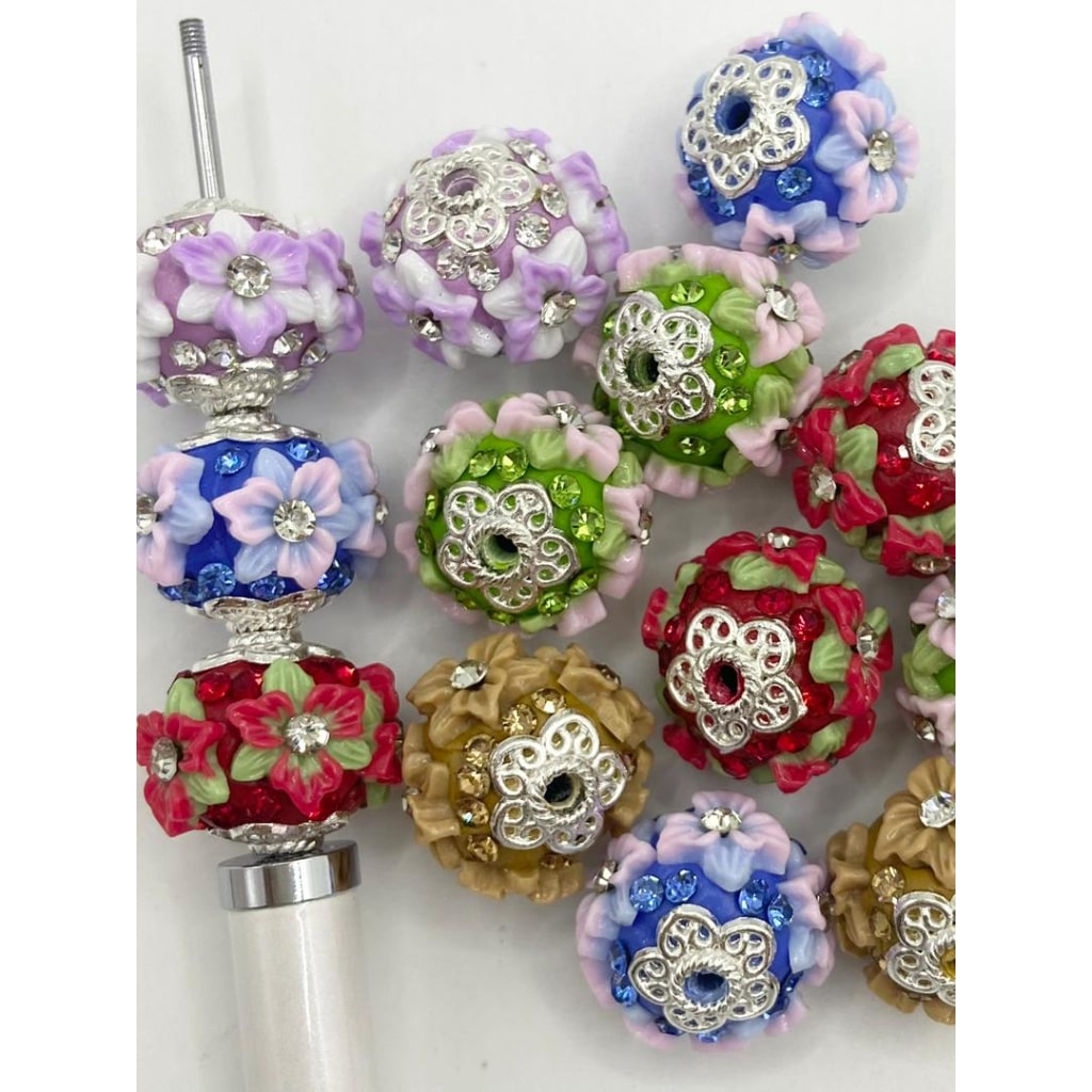 Clear Rhinestone in the middle of Multicolor Flower Fancy Clay Beads with Multicolor Rhinestone ,20mm,Random Mix,ZY