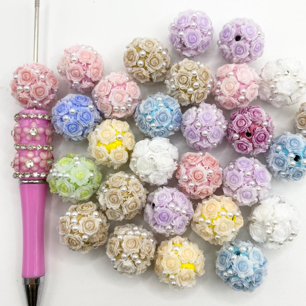 Fancy Rose Flower Clay Beads With Pearl in the Surface,20mm,Random Mix,JD