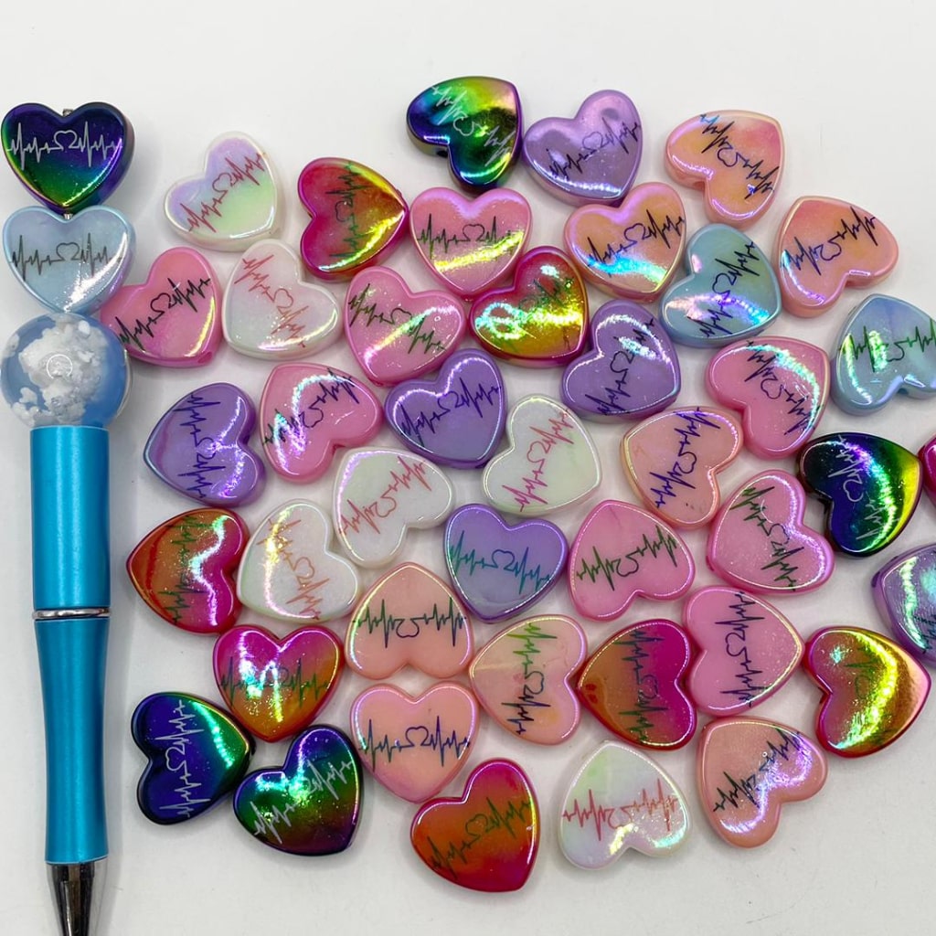 Heart Shaped Glossy Acrylic Beads With Heart Beat Stripe Printed ,18mm by 21mm,Random Mix,WQ