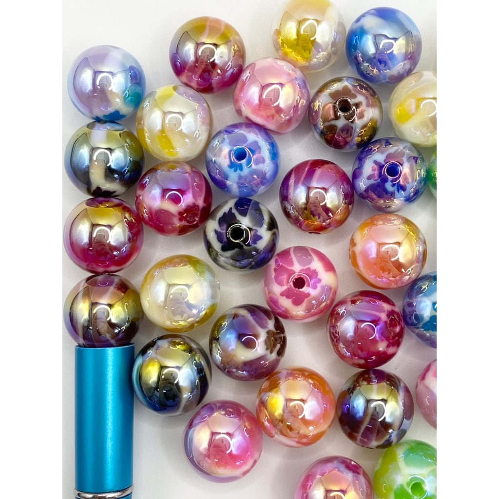 Elegant Glossy Multicolor Acrylic Beads With Flower Printed in the Below ,16mm,Random Mix ,XX