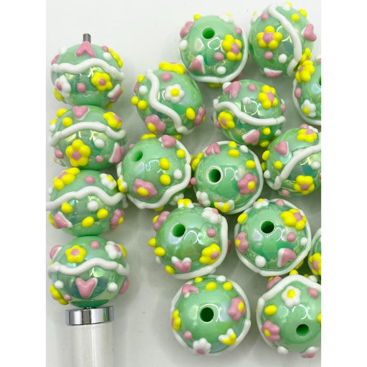 Green Acrylic Beads With Hand Painted Small Flowers And Hearts,Random Mix ,16mm,CT