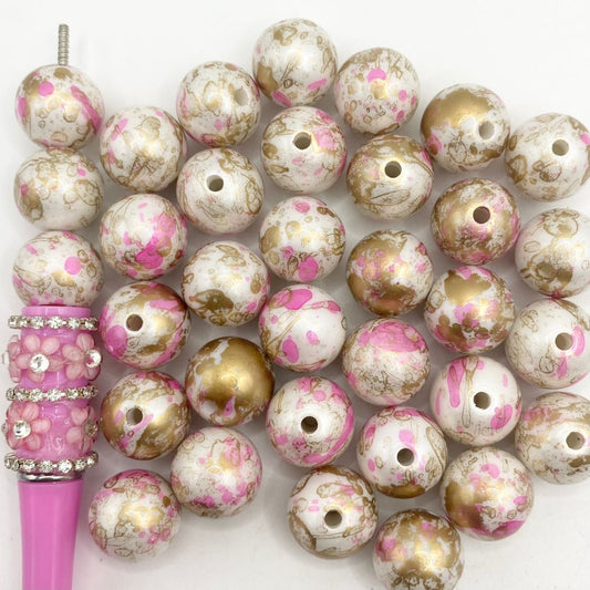 Elegant Acrylic Beads With Splatter Spatter Paint Spots & Gold Stuff Printed & Oil Painting ,16mm,Pink,DK