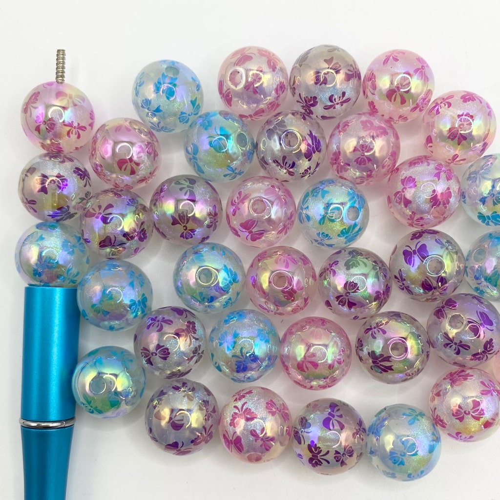 Luminious Butterfly Pattern Printed Acrylic Beads With Glitter & UV Finish,16mm,Random Mix,YH