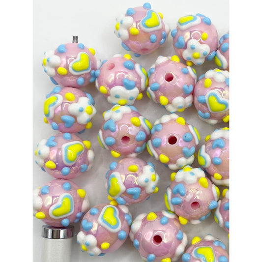 Pink Acrylic Beads With Hand Painted Small Flowers And Hearts,Random Mix ,16mm,CT