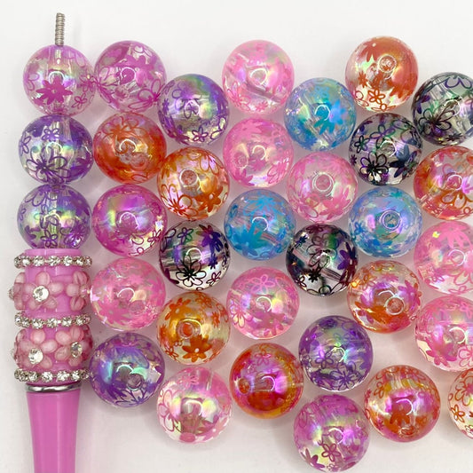 Flower Printed Clear See-Thru Acrylic Beads ,16mm,Random Mix,DK