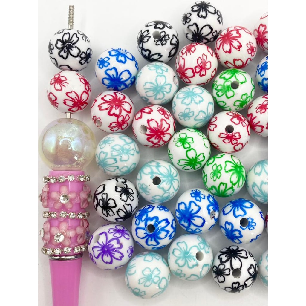 Mga White Acrylic Beads na May Flower Floral Printed Beads ,16mm,Random Mix,SB