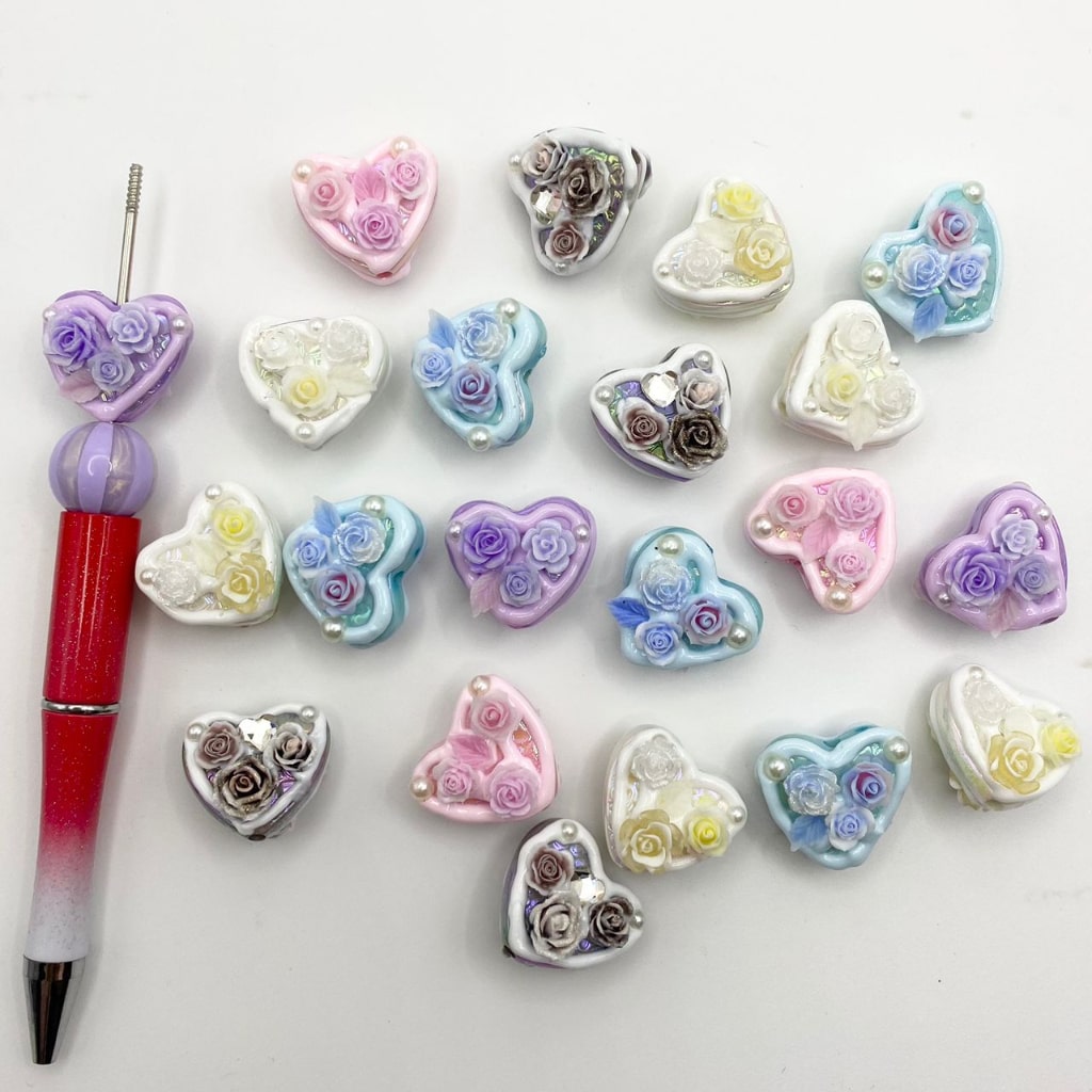 Hand Painted Heart Acrylic Beads With Rose Flower & Crystal & Pearl in the Surface ,20mm by 22mm ,Random Mix