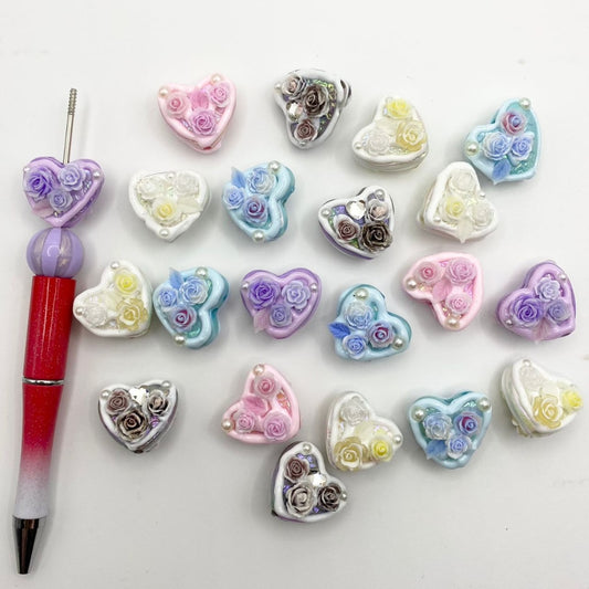 Hand Painted Heart Acrylic Beads With Rose Flower & Crystal & Pearl in the Surface ,20mm by 22mm ,Random Mix