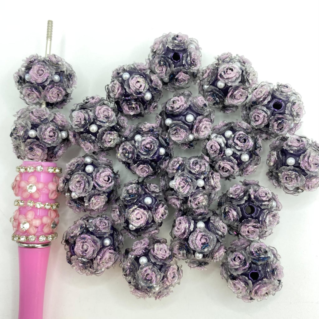 Sparkling Purple Rose Flower Fancy Clay Beads With Pearl,20mm