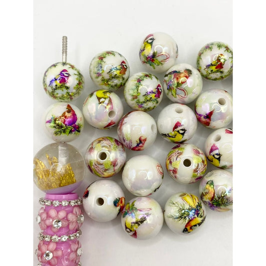 Birds Species Printed Acrylic Beads With UV Finish ,16mm,Random Mix,SJ