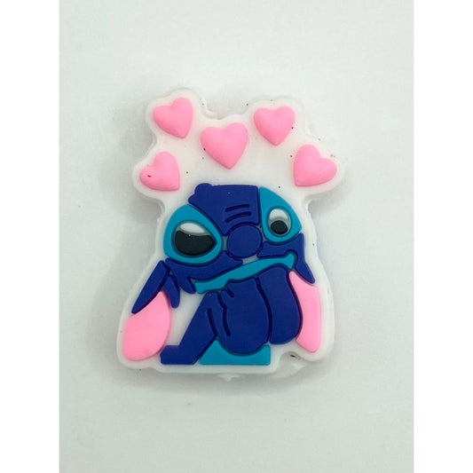 Blue Monster Stitch With Pink Hearts Silicone Focal Beads