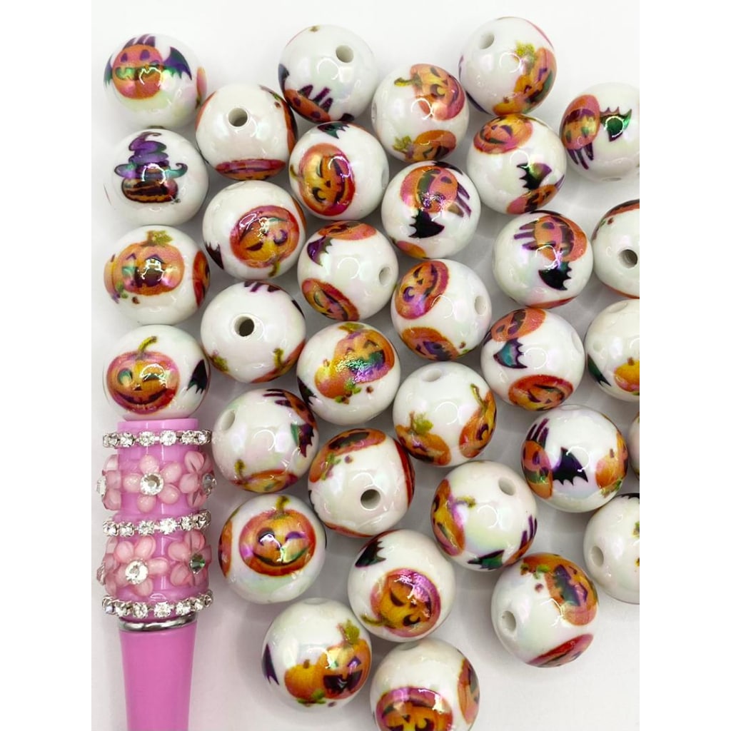 Glossy Halloween Printed Pumking Acrylic Beads With UV Finish ,16mm,Random Mix ,DK