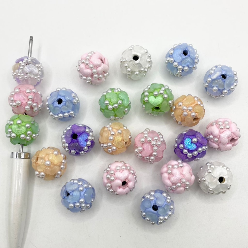 Mga Magarbong Acrylic Beads na May Heart Crystal at Pearl in the Surface ,16mm,Random Mix,ZY