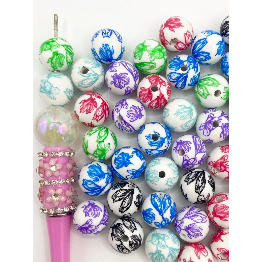 Mga White Acrylic Beads na May Flower Floral Printed Beads ,16mm,Random Mix,SB