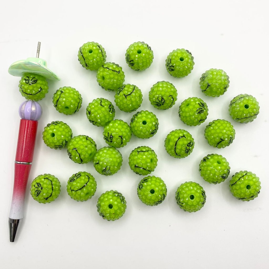 Grinch Face Jelly Acrylic Beads With Clear Rhinestone ,20mm