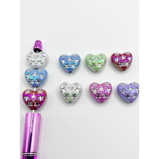 Heart Shape Glossy Acrylic Beads with Silver Star Printed,YY