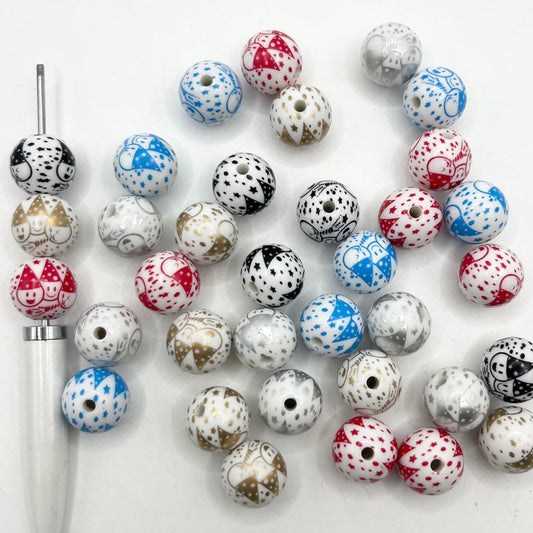 Christmas Snowman Acrylic Beads With Smile Emojy ,Dot ,Star Printed ,16mm,Random Mix,YH