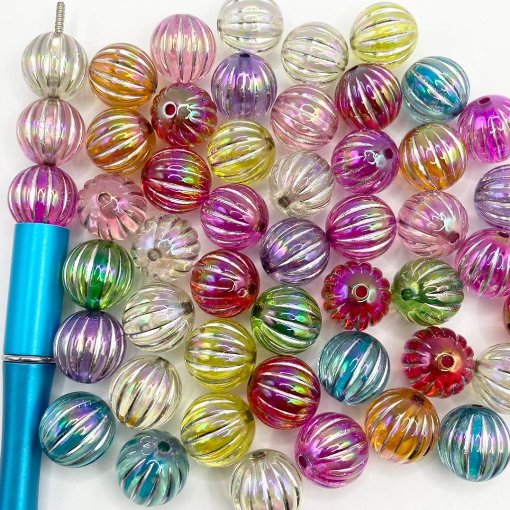 Pumking Shaped Acrylic Beads in Silver Striped With UV Finish ,16mm,Random Mix