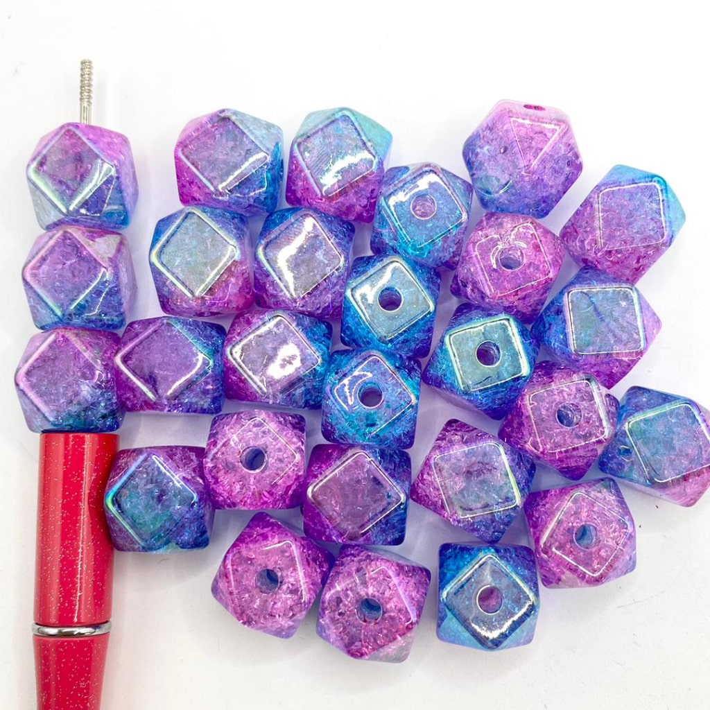 Crackle Purple to Blue Hexagon Acrylic Beads with UV Finish ,14mm by 16 mm ,Random Mix