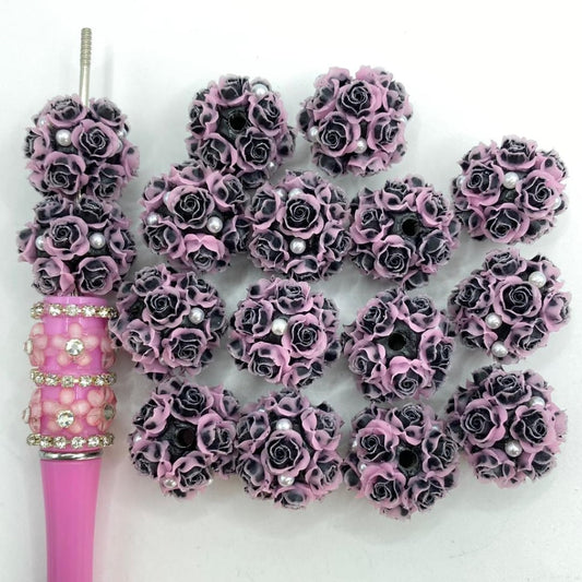 Pink & Black Ombre Rose Flower Fancy Clay Beads With Pearl,20mm