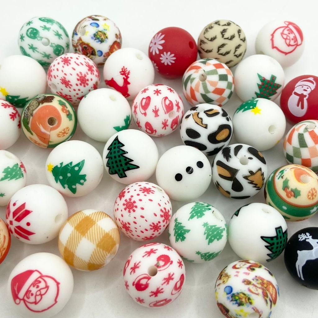 Christmas Theme Silicone Printed Beads ,Random Mix